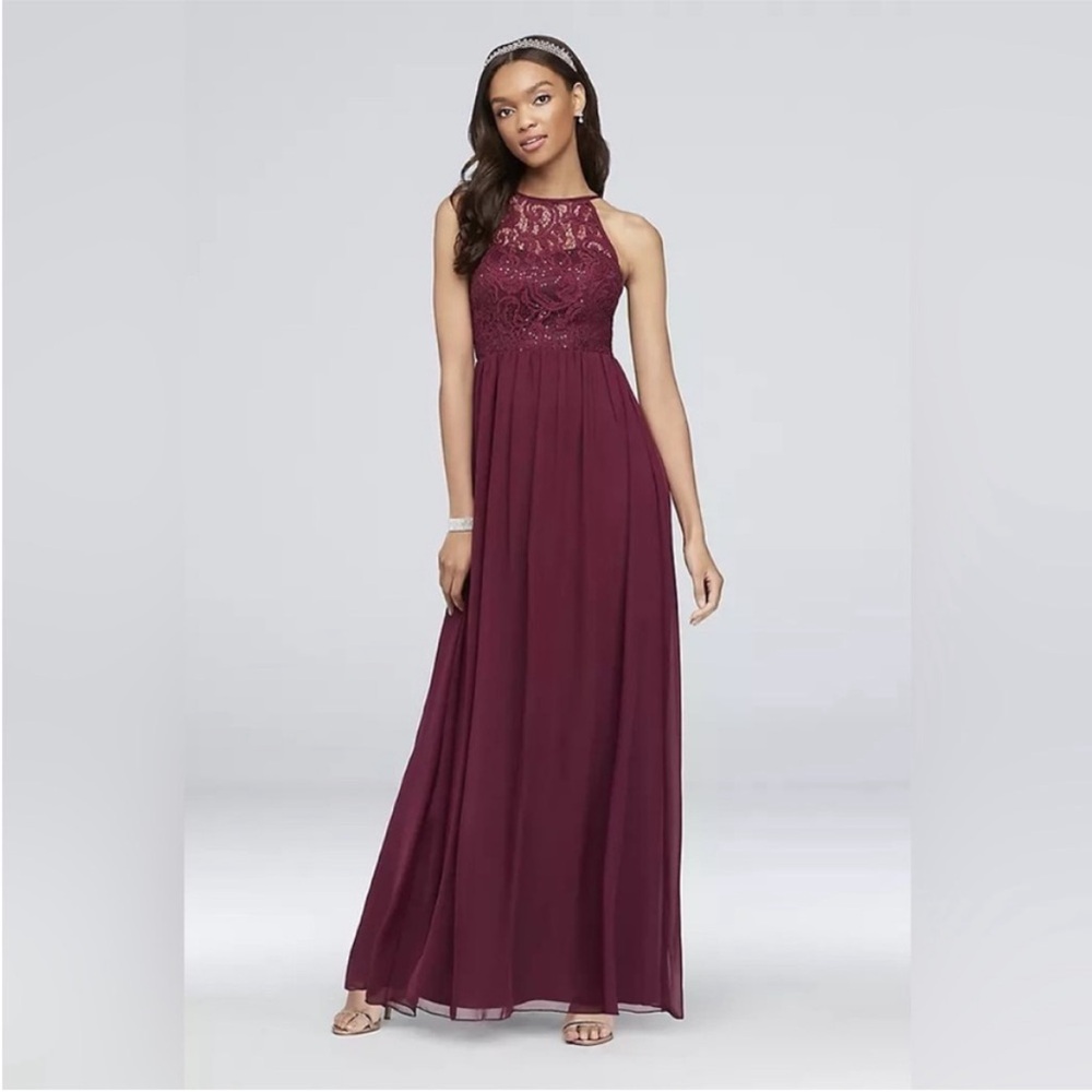 Kennedy Blue Sequin & Bead Illusion Lace And Chiffon Halter A-Line Gown. 6. NWT.